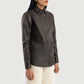 Rear view of the brown sheepskin leather shirt jacket, showing premium tailoring and smooth semi-aniline finish.