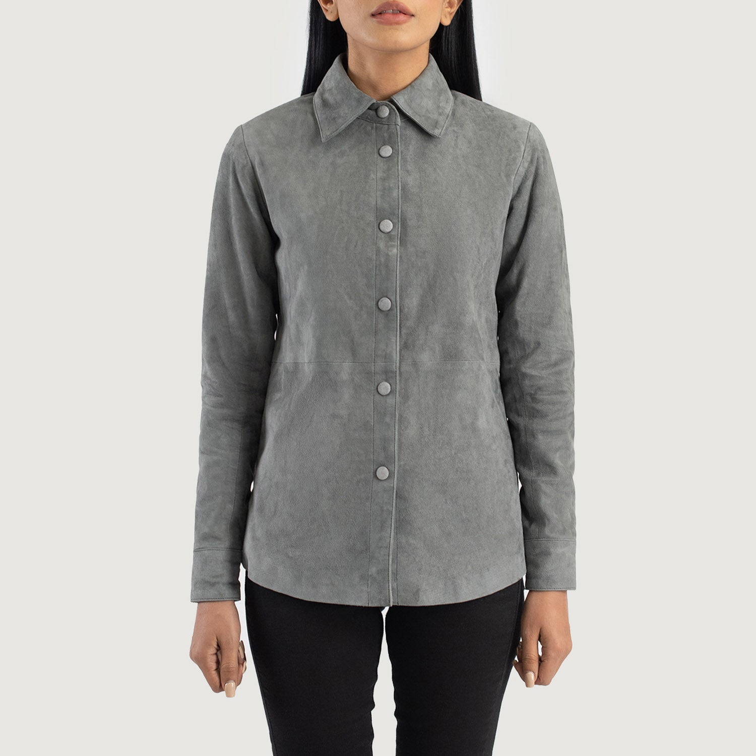 Detailed shot of the premium matching grey leather buttons stitched along the front placket of the jacket.