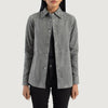 Front view of the Zenith grey suede leather shirt jacket showcasing its clean pocketless design and front leather button closures.