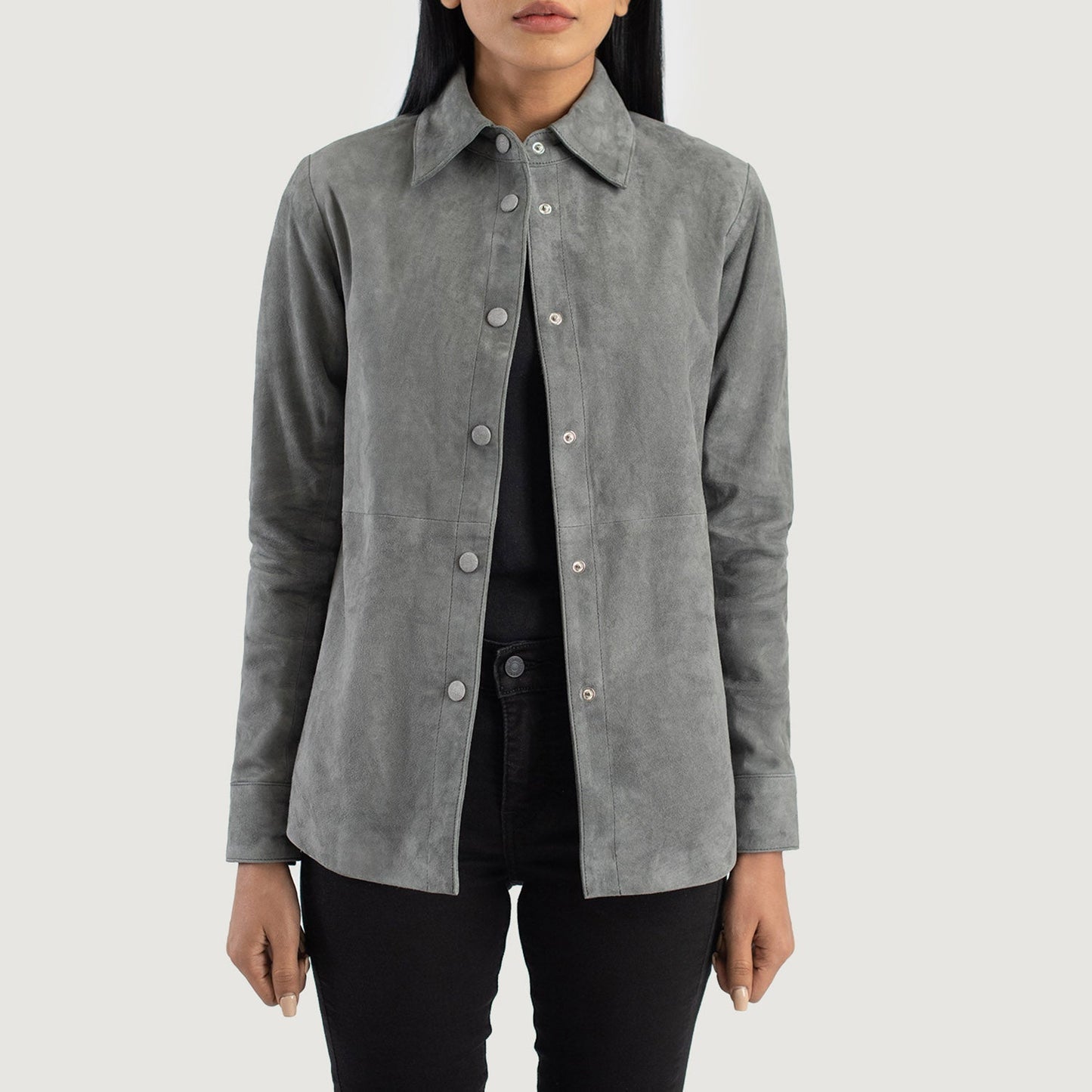 Front view of the Zenith grey suede leather shirt jacket showcasing its clean pocketless design and front leather button closures.