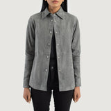 Front view of the Zenith grey suede leather shirt jacket showcasing its clean pocketless design and front leather button closures.