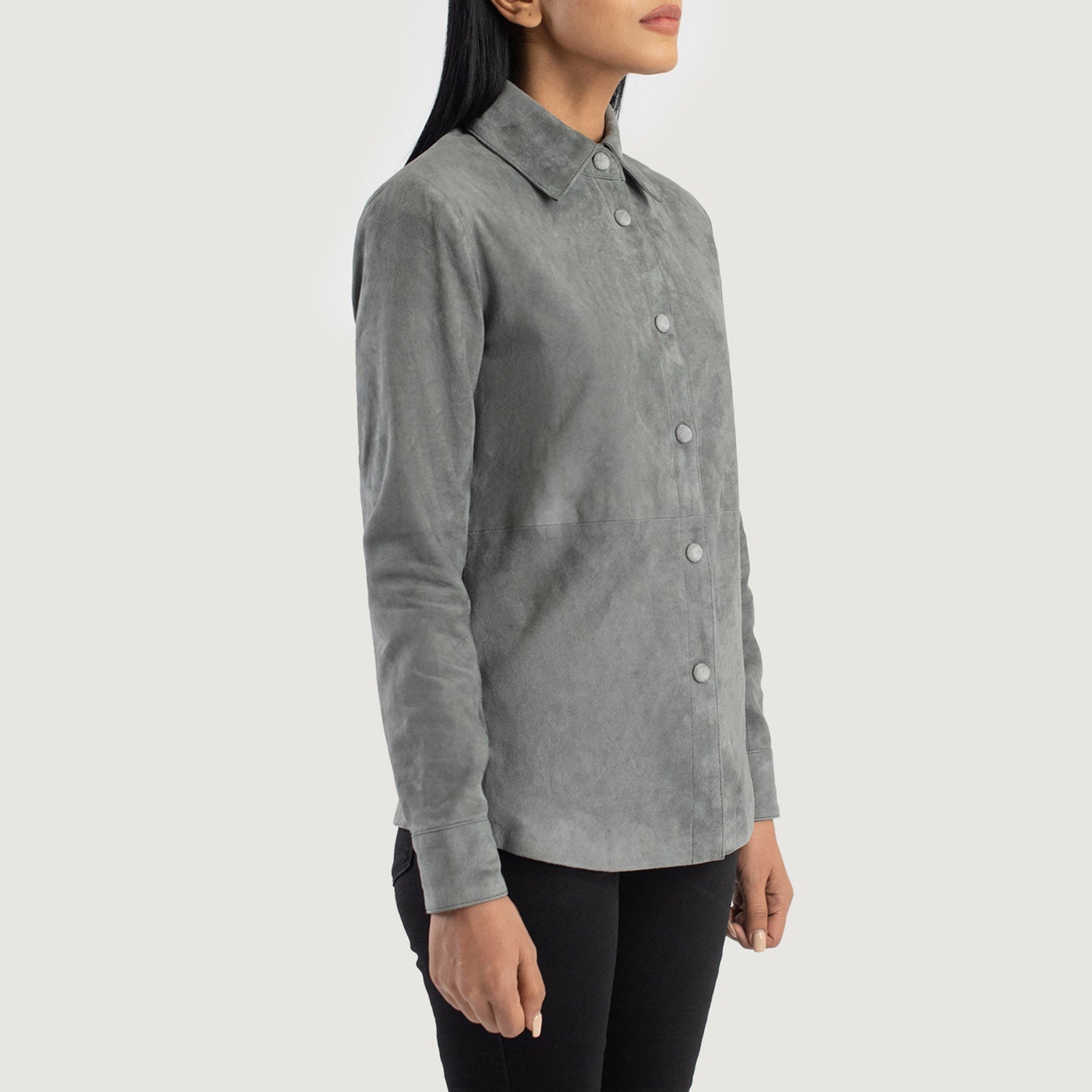Full back view of the grey sheepskin suede shirt jacket, highlighting the smooth, uninterrupted drape and tailored paneling.