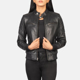 Front view of the Sleeky Clean tan leather biker jacket by Layzal Jackets.