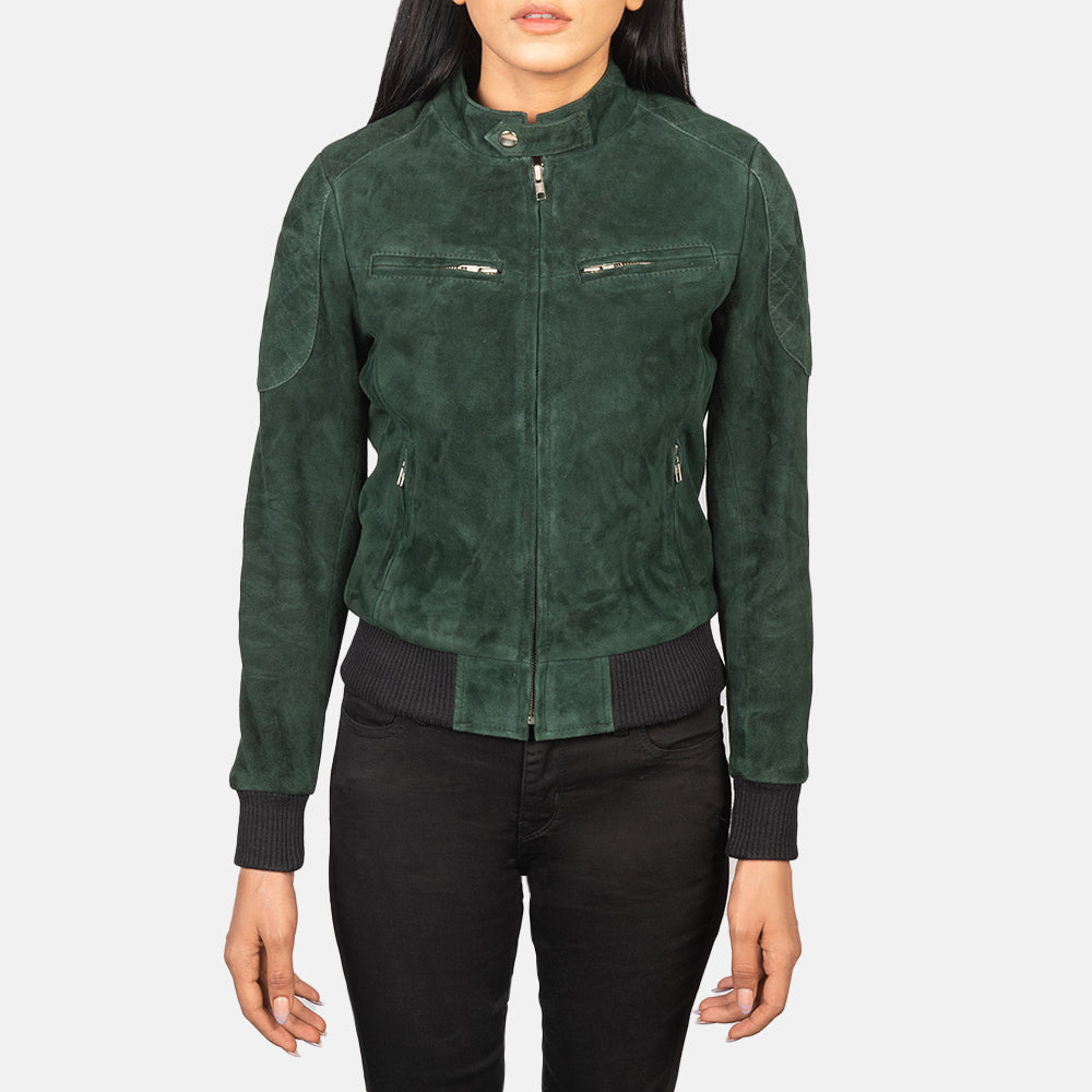 Detail of the warm quilted polyester lining inside the suede bomber.