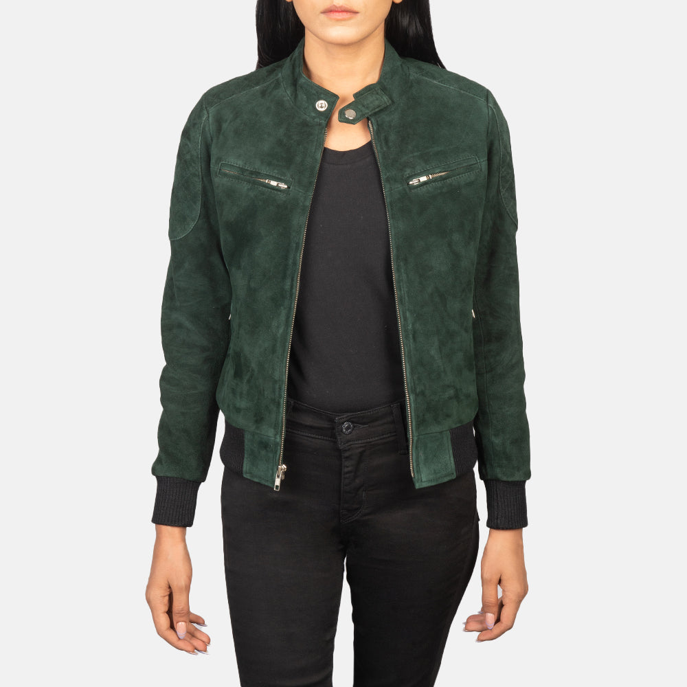 Lifestyle shot of the Zenna Green suede bomber jacket available at Layzal Jackets.