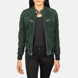 Lifestyle shot of the Zenna Green suede bomber jacket available at Layzal Jackets.