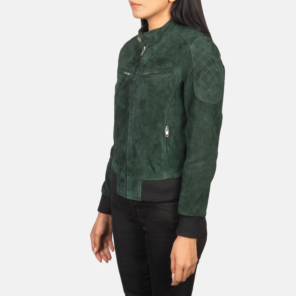 Close up of rich green goat suede texture on a bomber jacket.