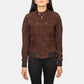 Close up of rich mocha brown goat suede texture on a bomber jacket.