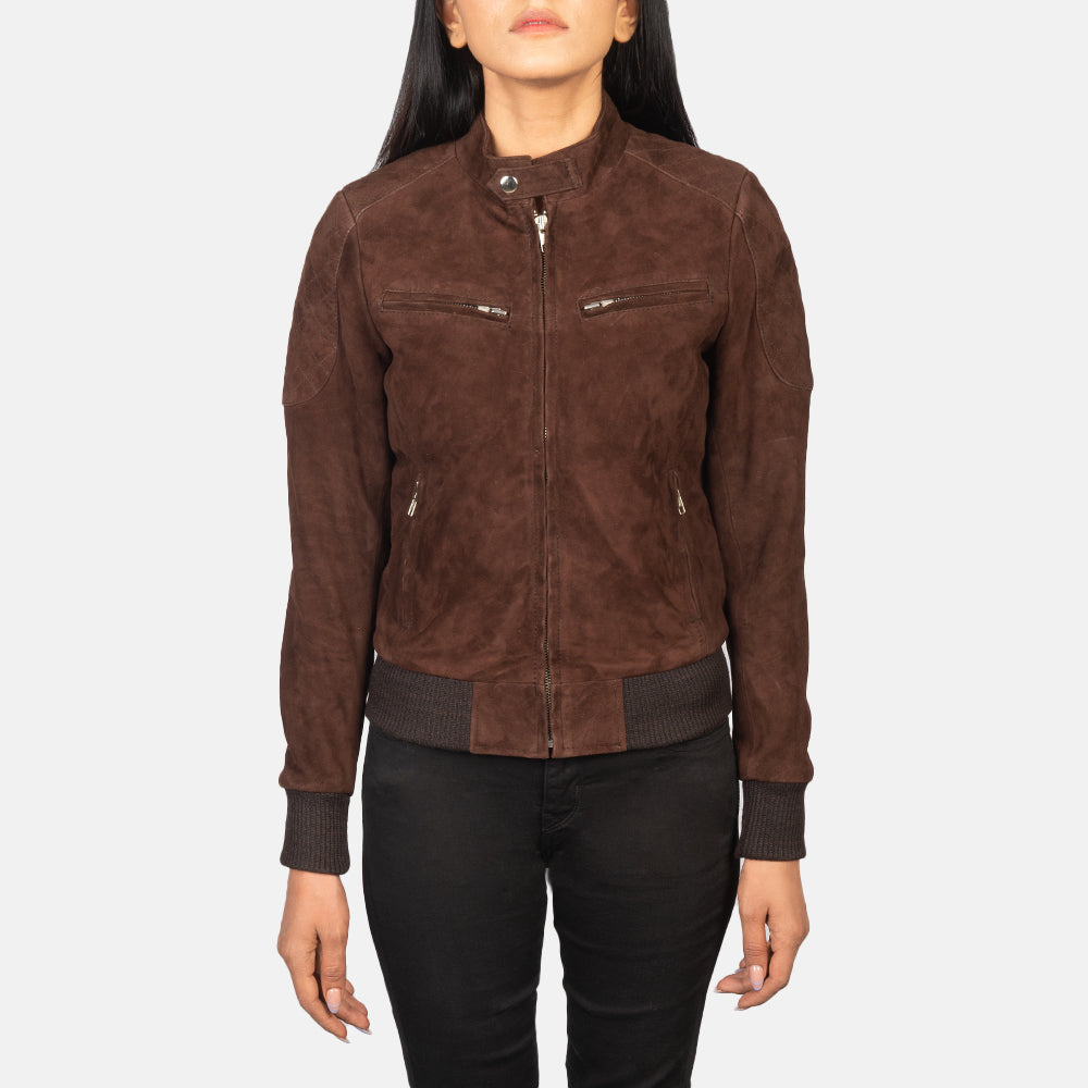 Close up of rich mocha brown goat suede texture on a bomber jacket.