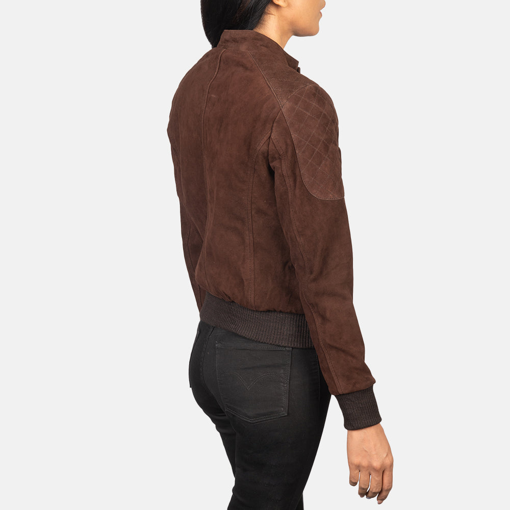 Detail of the warm quilted polyester lining inside the suede bomber.