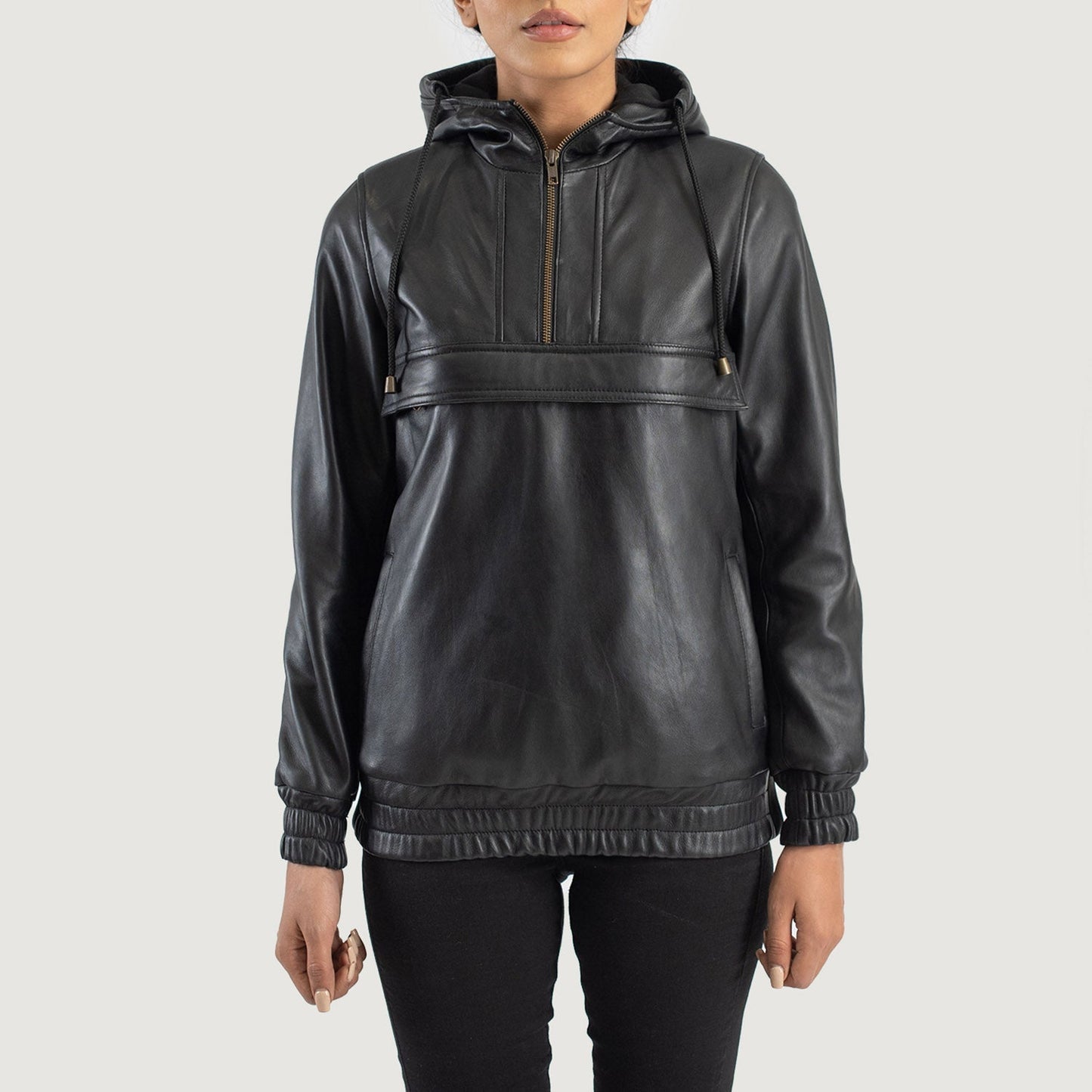 Front view of the Zest Black hooded leather pullover by Layzal Jackets.