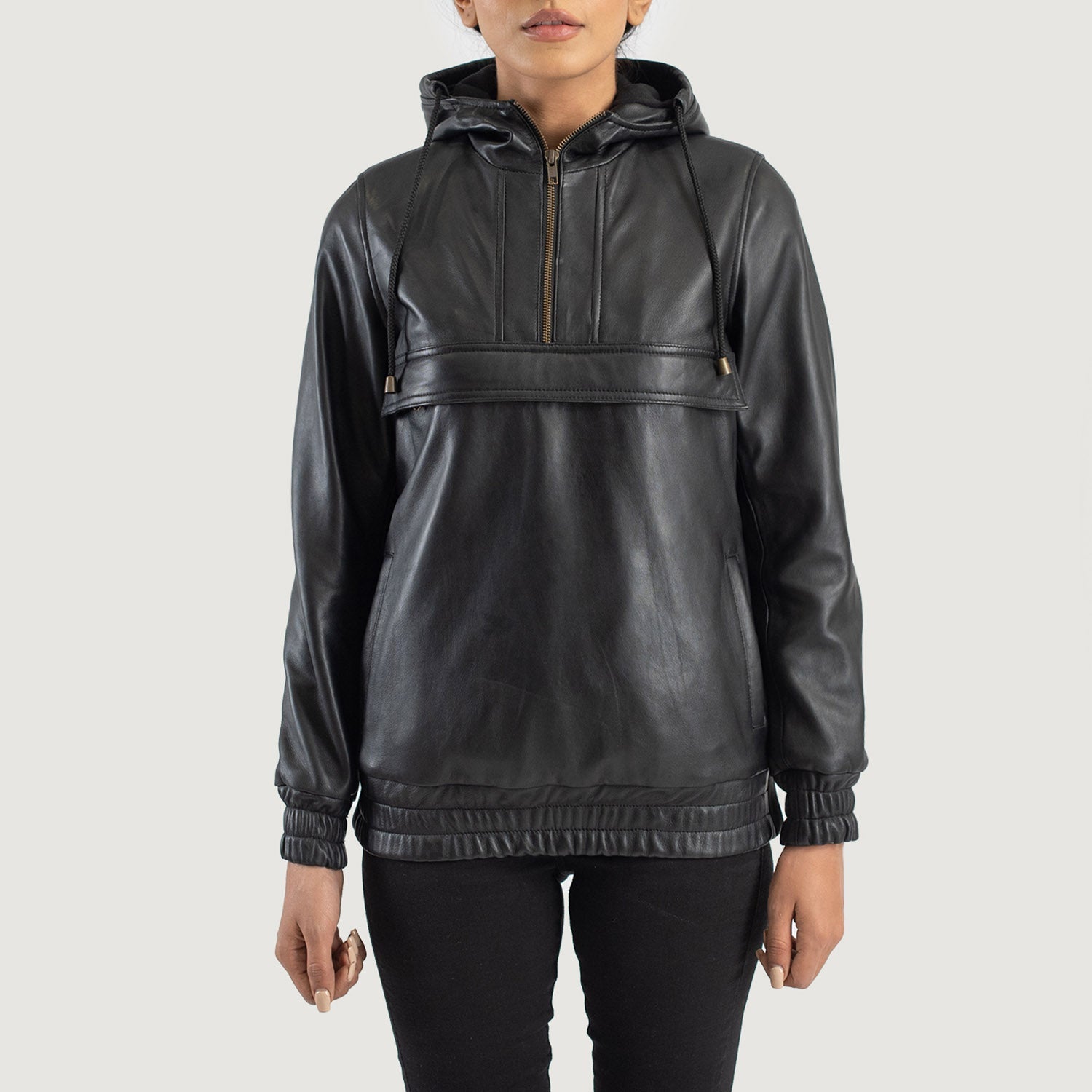 Front view of the Zest Black hooded leather pullover by Layzal Jackets.