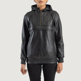 Front view of the Zest Black hooded leather pullover by Layzal Jackets.