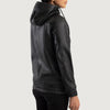 Close up of the partial front zipper closure and hardware on the black leather pullover.