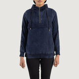 Front view of the Zest Blue hooded suede pullover by Layzal Jackets.