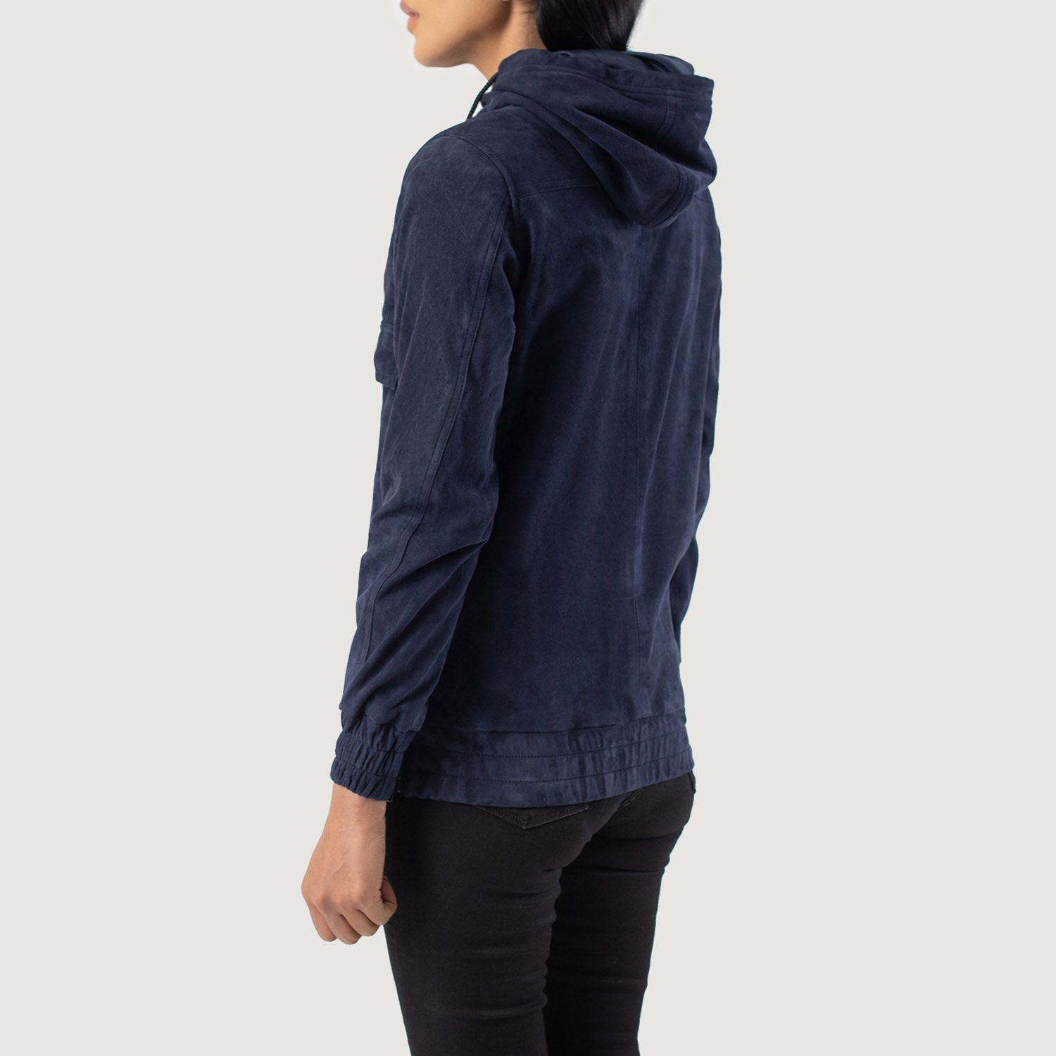 5. Detail of soft blue suede fabric and durable interior polyester lining.