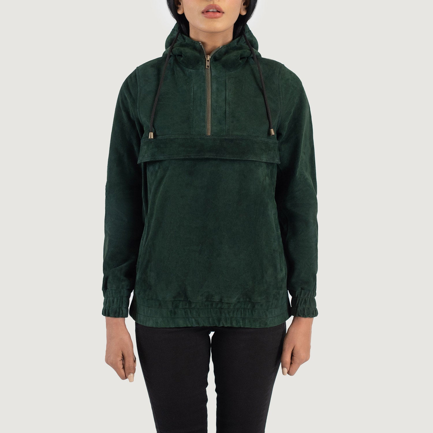 Front view of the Zest Green hooded suede pullover by Layzal Jackets.