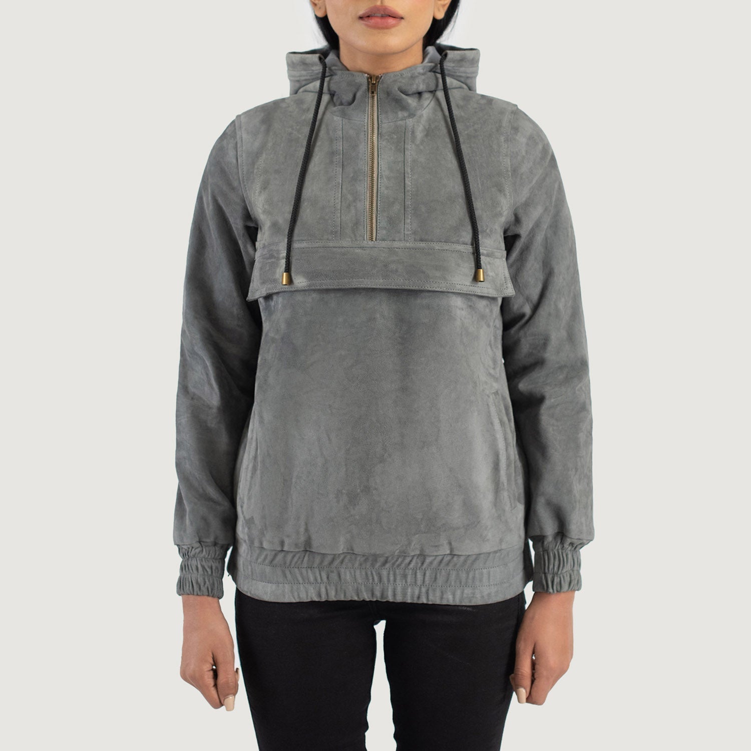 Front view of Zest Grey hooded pullover jacket made from premium sheepskin suede, featuring a partial front zipper and large hidden front pouch pocket.