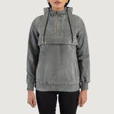 Front view of Zest Grey hooded pullover jacket made from premium sheepskin suede, featuring a partial front zipper and large hidden front pouch pocket.
