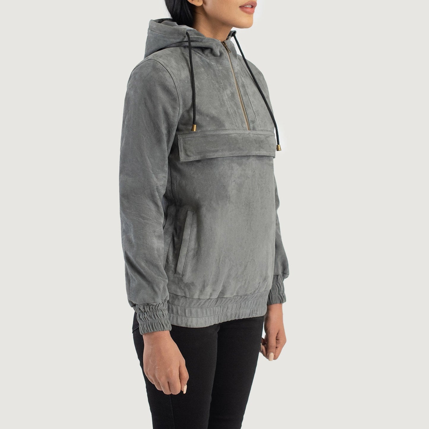 Close-up detail of the soft grey sheepskin suede texture and elasticated cuff of the Zest hooded pullover.