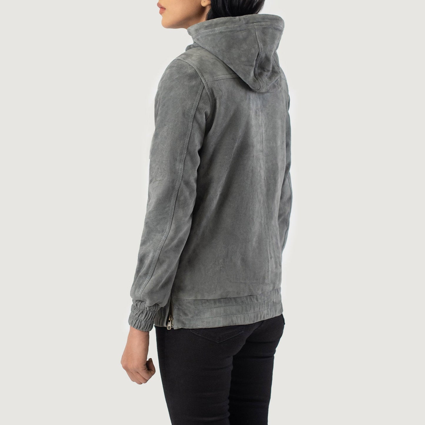 Back view of premium grey suede hooded pullover with smooth leather finish, available at Layzal Jackets.